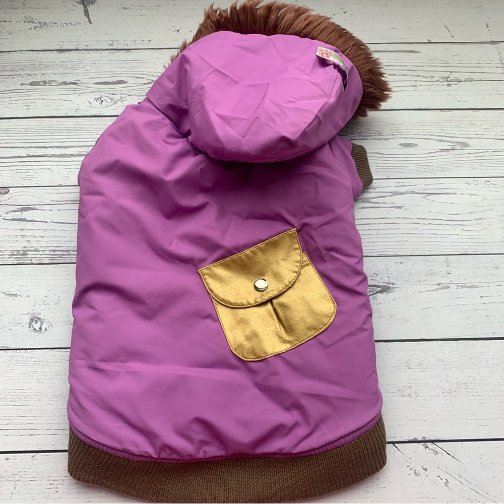 Dog coat for small dogs - purple and brown with hood